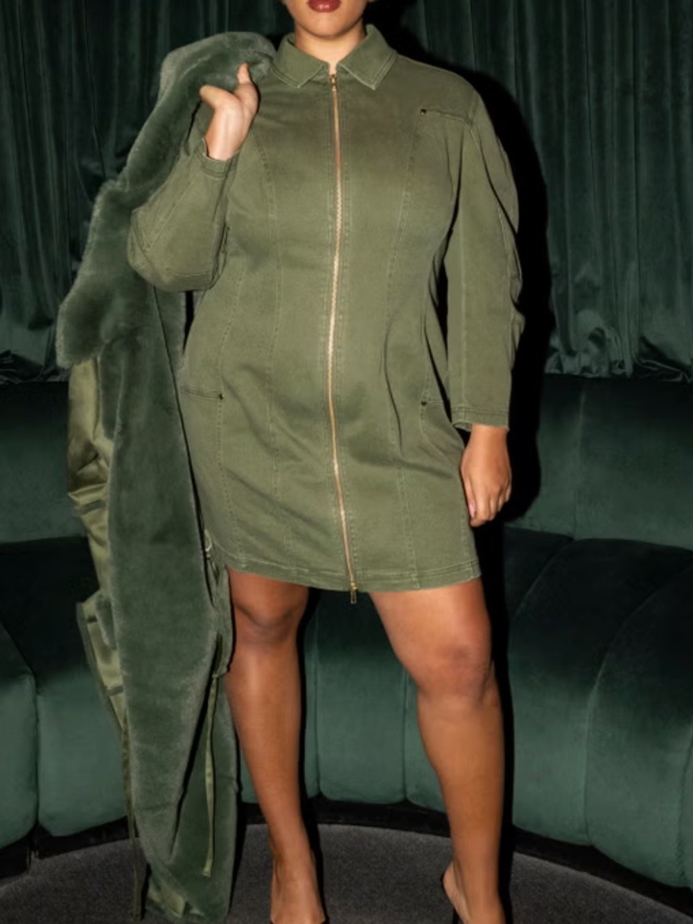 ELOQUII Women’s Olive Zip Up Mini Dress